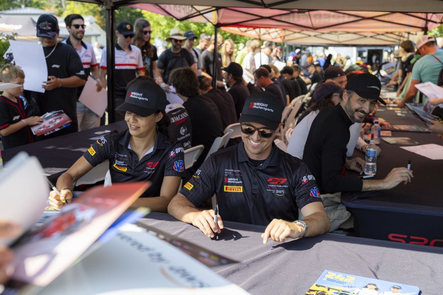Autograph Session, #242 Porsche 911 GT3-R (992) EVO of Therese Lahlouh and Thomas Merrill, Wright Motorsports, GT World Challenge America, Pro-Am, SRO America, Road America, Elkhart Lake, WI, Aug 27 - 30, 2026, Fan Interactions

